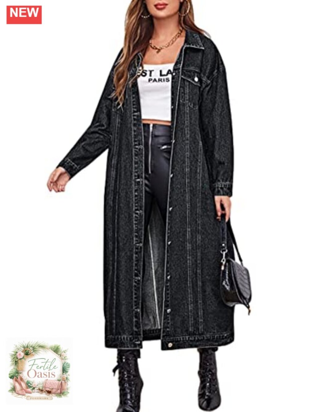 Vintage Denim Jacket Long Midi Trench Coat Loose Fit Flap Pockets
